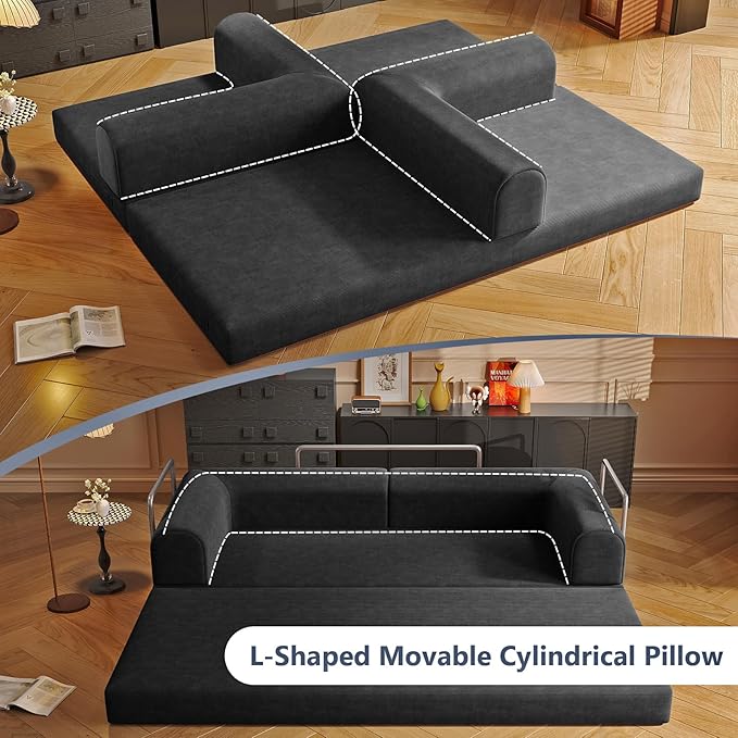 Folding Boneless Couch Convertible Sleeper Sofa Bed Futon Lounge Chair Boneless Corduroy Loveseat with Pull Out Bed Floor Sofa Modular Couch for Living Room Basement Movie Theater RoomBlack