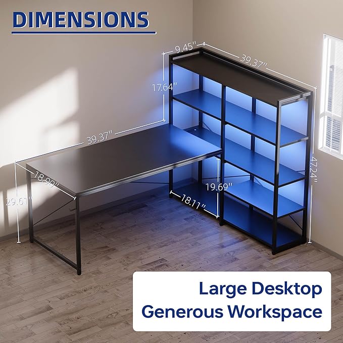 Pamray L Shaped Computer Desk with Reversible Side Storage Shelves 49 Inch Gaming Desk with Power Outlets and Led Lights PC Table for Home Office and Bedroom Marble