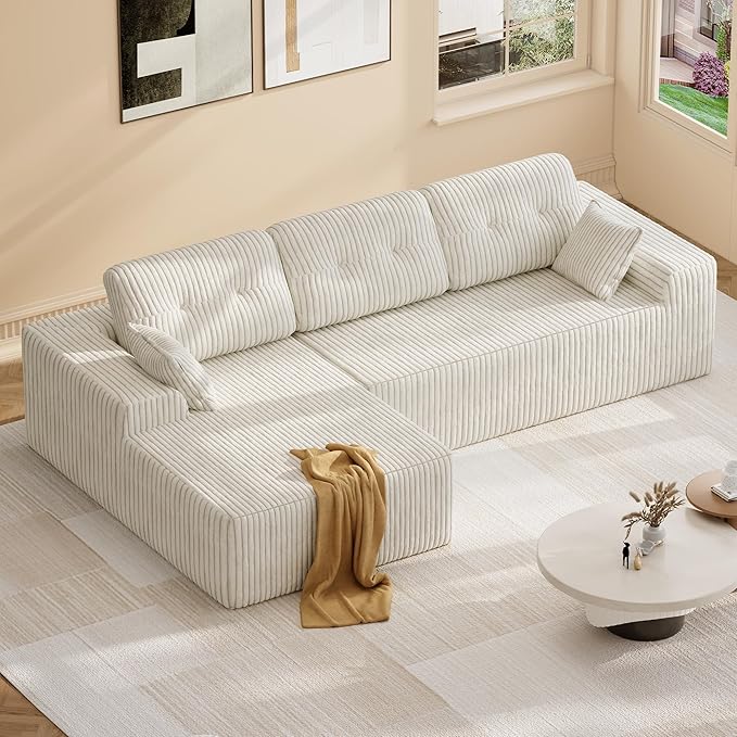 Ball &amp Cast 106 Cloud Modular Sectional Sofa Boneless Corduroy Couch with Deep Seat Comfy L-Shaped Sectional Modern Upholstered Sofa for Living Room No Assembly (Beige Left Facing Chaise)