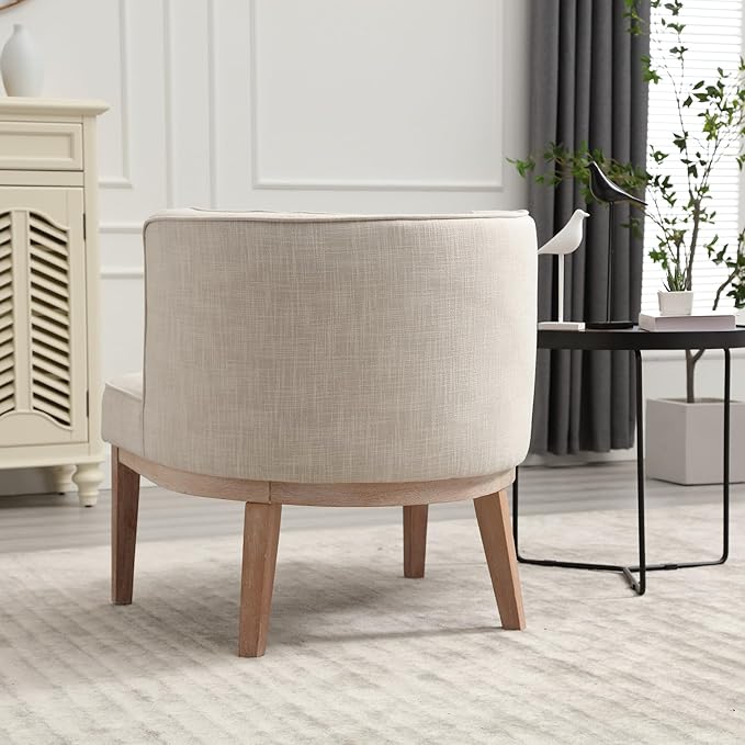 Set of 2 Arm Accent Chair Barrel Accent Chair with Wood Legs Comfy Barrel Side Chair Linen Upholstered Reading Chairs with Back for Living Room Bedroom Living Room Chair Beige