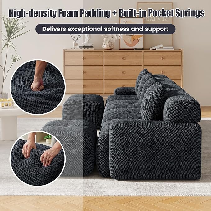 135 Modular Sectional SofaModern L-Shaped Couch with Movable Ottoman &amp Deep SeatFuzzy FabricNo AssemblyBoneless Couch for Living Room