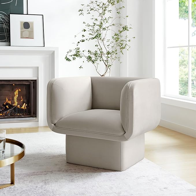 Modway Tate Performance Velvet Accent Chair in Almond - Upholstered Club Chair - Modern Barrel Armchair - Comfy Reading Leisure Chair for Living Room Bedroom Office
