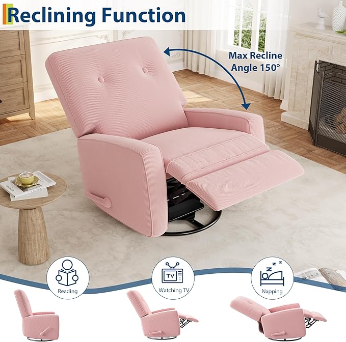 Recliner Chair 360° Swivel Rocking Glider Chair for Adults with Adjustable Backrest &amp Footrest Cozy Corduroy Upholstered Armchair for Living Rooms Bedrooms Apartments Pink