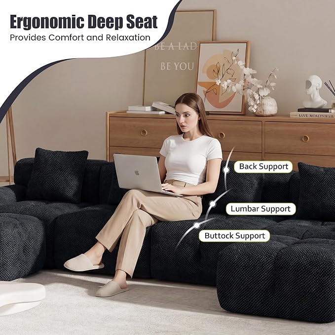 135 Modular Sectional SofaModern L-Shaped Couch with Movable Ottoman &amp Deep SeatFuzzy FabricNo AssemblyBoneless Couch for Living Room