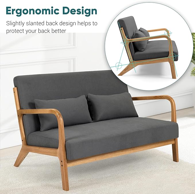 JOYBASE Loveseat Sofa for Small Space Mid-Century Modern Wood Love Seat Couch Sofa with Armrests for Living Room Apartment Office Bedroom (Dark Grey Fabric)