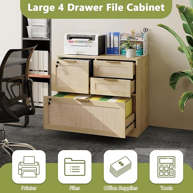 HOPUBUY Lockable 4 Drawers File Cabinet Set of 2 Lateral Filing Cabinet with Printer Stand for Home Office and School Wood Rattan File Cabinet for Hanging Files/Letter/Legal/A4/F4 Size Oak