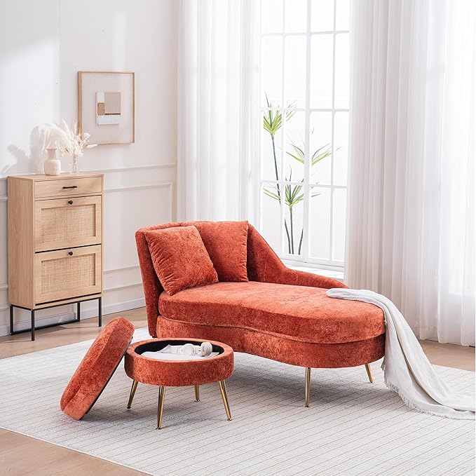 Modern Curved Chaise Lounge Chair Indoor 58 Chenille Lounge Sofa with Left Armrest &amp Lumbar PillowsUpholstered Leisure Recliner Chair with Removable Storage Footstool for Living Room (Red)