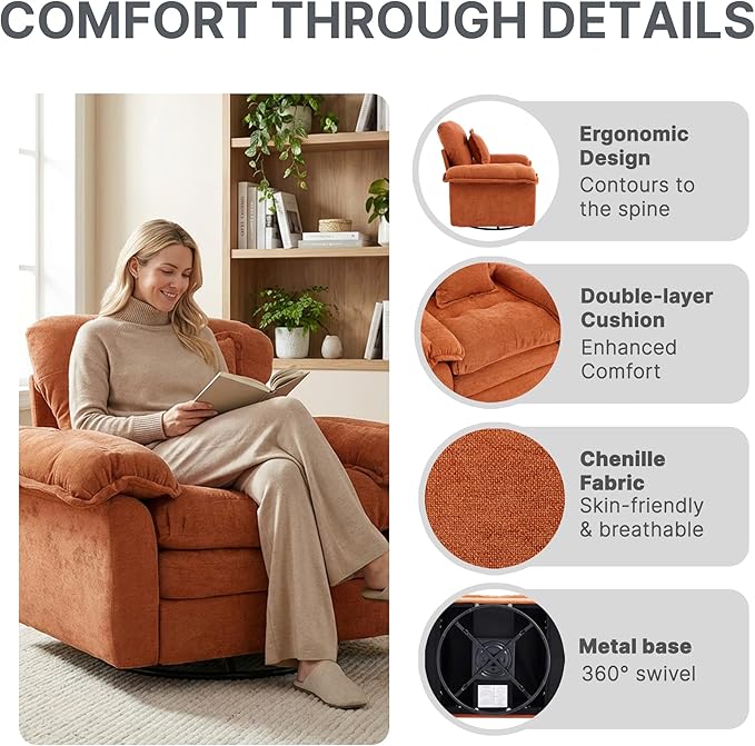 360° Swivel Accent Chair Oversized Plush Modern Chenille Armchair with Padded Seat &amp Back Comfy Spinning Chair for Living Room Bedroom Office (Orange)
