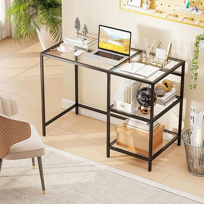 GOFLAME Computer Desk with Shelves 42” Home Office Desk with Metal Frame Tempered Glass Study Writing Table Modern Simple PC Desk for Living Room Bedroom (Black)