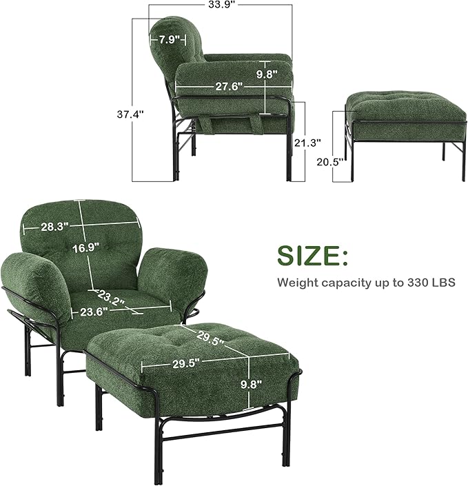 MCombo Modern Accent Chair with Ottoman Chenille Upholstered Leisure Sofa Chair for Small Space Living Room &amp Bedroom 4071 (Green)
