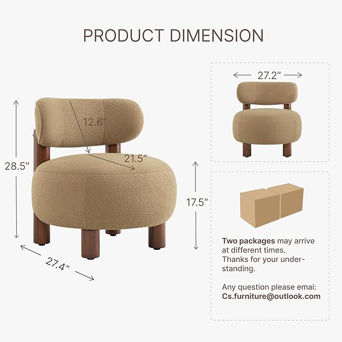 Modern Boucle Accent Chair Set of 2 with Plush Faux Sherpa Upholstery Curved Backrest Solid Wood Legs for Living Room Bedroom Reading Nook 27.5 Camel
