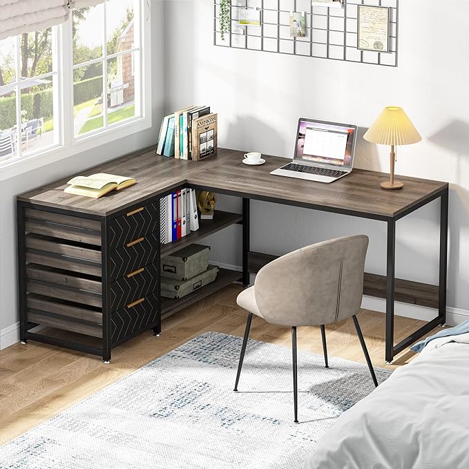Tribesigns L Shaped Computer Desk with Storage Drawers 59 inch Corner Desk with Shelves Reversible L-Shaped Office Desk Writing Table Workstation for Home Office Grey