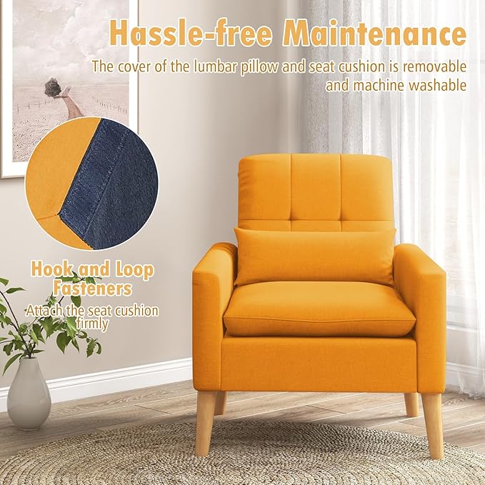 Giantex Modern Accent Chair Mid-Century Linen Fabric Armchair w/Lumbar Pillow Back &amp Seat Cushion Comfy Single Sofa Chair with Rubber Wood Legs for Living Room Bedroom Reading Room Yellow
