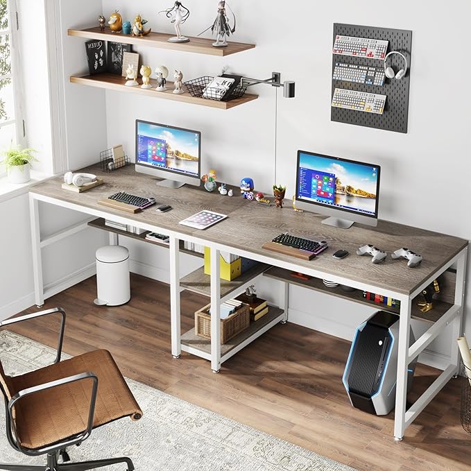 Tribesigns Two Person Desk with Bookshelf 78.7 Computer Office Double Desk for Two Person Rustic Writing Desk Workstation with Shelf for Home Office (Gray/White)