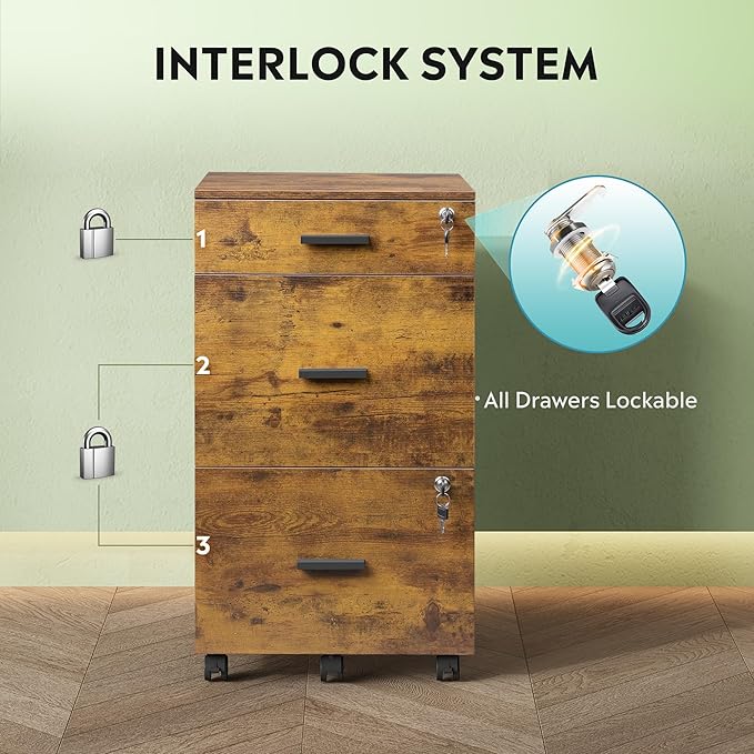 DEVAISE 3 Drawer Rolling File Cabinet with Lock Wood Filing Cabinet fits Letter / A4 Size for Home Office Rustic Brown