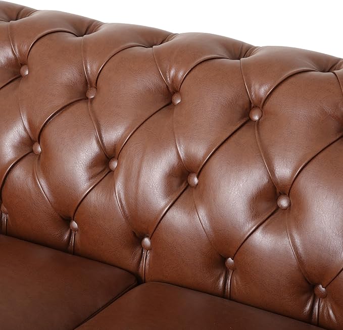 Merax 3 Seat PU Chesterfield Sofa Retro Style Upholstered Leather Couch Rolled Arm for Living Room Bedroom Office Light Brown