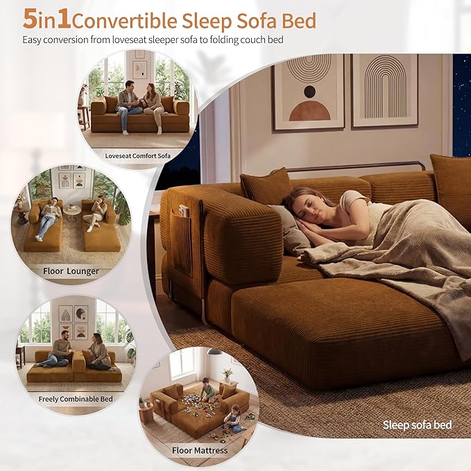 78.8 Convertible Sofa Bed with Armrest Pillow 4-in-1 Sleeper Couch Bed for Livingroom Modular Corduroy Boneless couches No Assembly (Yellow)