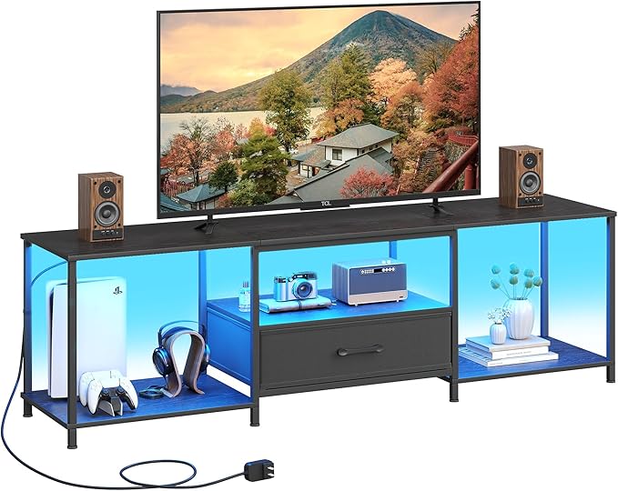 TV Stand with LED Lights Entertainment Center with Open Shelves and Fabric Drawer Media Console for 80 Inch TV Television Stands for Living Room Bedroom Black