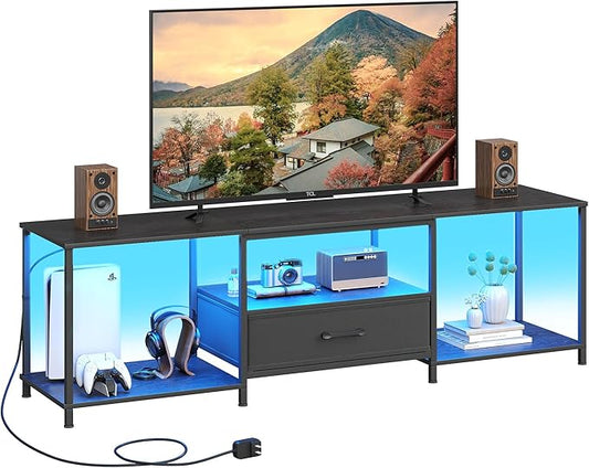 TV Stand with LED Lights Entertainment Center with Open Shelves and Fabric Drawer Media Console for 80 Inch TV Television Stands for Living Room Bedroom Black