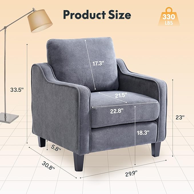 FLEXISPOT AC2 Accent Chair Accent Chairs Set of 2 for Living Room Mid Century Modern Chenille Upholstered Armchair with Padded Back Comfy Reading Chair for Bedroom Office Small SpacesGrey