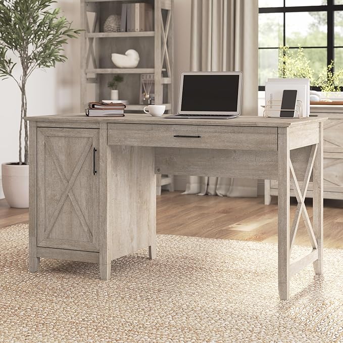 Bush Home Key West Computer Desk with Storage | Farmhouse PC Table for Home Office in Washed Gray | 54W x 24D