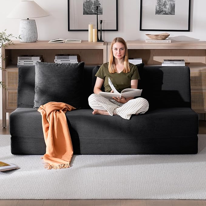 Folding Sofa Bed Convertible Sleeper Chair with Pillows High Support Memory Foam &amp Soft Corduroy Fbric Comfy Couch Bed Floor Loveseat Couch for Living Room Apartment Guest RoomBlack