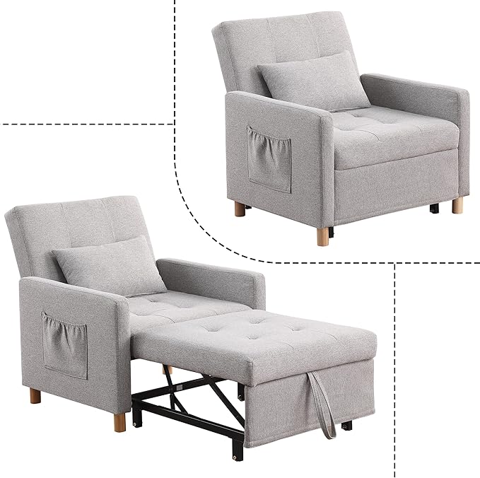 Sleeper Sofa Chair Bed 3-in-1 Single Convertible ChairMulti-Functional Sleeper Chair with Soft Fabric for Living Room Dorm Apartment Bedroom or Office (Grey)