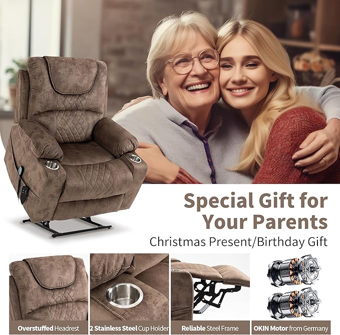 Large Power Lift Recliner Chair with Massage and Heat for Elderly Big and Tall People Dual Motor 180° Lay Flat Overstuffed Wide Velvet Recliners with 2 Cup Holders Side Pocket
