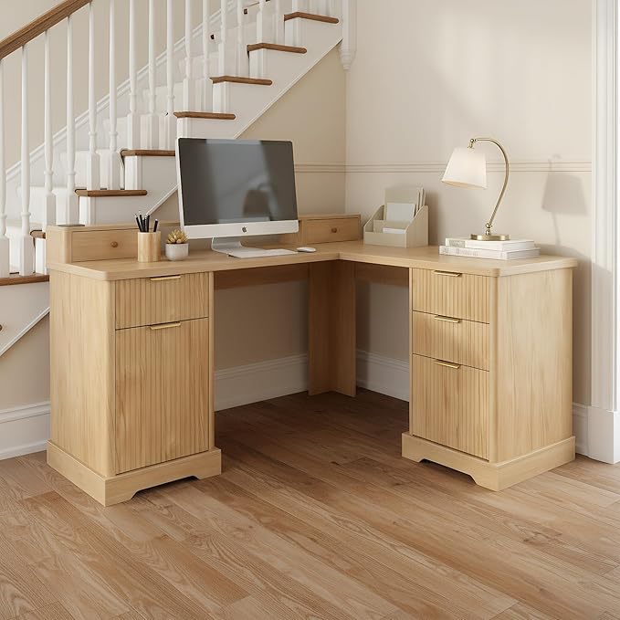 L Shaped Home Office Desk with Drawers Wood Corner Computer Desk with File Cabinet and Storage Shelf Executive Work Study Writing Table with Power Outlets and Monitor Stand 59 Inch Natural Wood