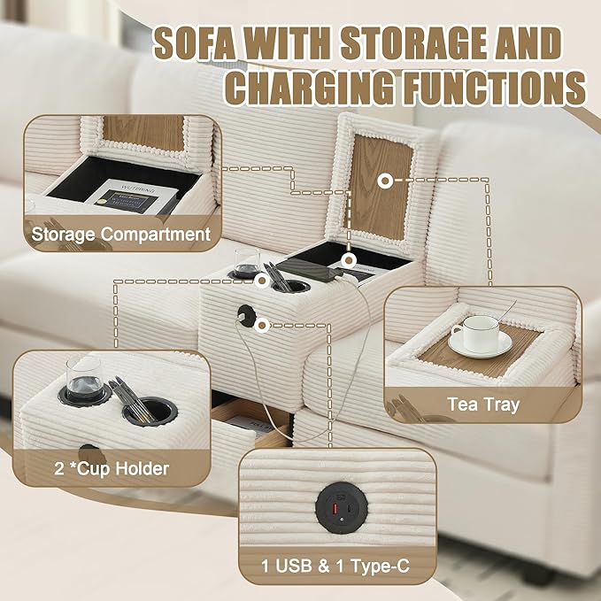 KEIKI 105 L-Shaped Oversized Corduroy Modular Sectional Sofa with 1 Ottoman and Multi Functional Console 4-Seater Upholstered Couch with USB and 2 Cup Holder Easy Assembly for Living Room Beige