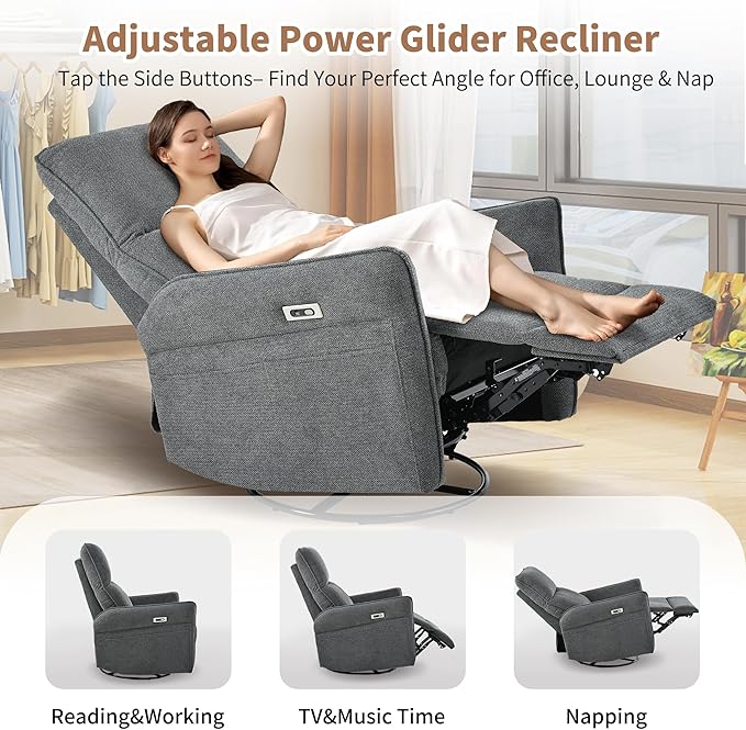 270° Power Swivel Rocker Recliner Chair for Adults – Electric Reclining Small Sofa Chair with Smooth Rocking &amp Rotation Comfortable Single Recliner for Living Room Bedroom (Dark Gray)
