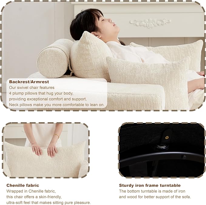 55''L Round Swivel Accent Chair Oversized Chenille Modern Swivel Barrel Chairs Upholstered Cozy Reading Chair for Living Room Bedroom Home Office (Chenille Beige)