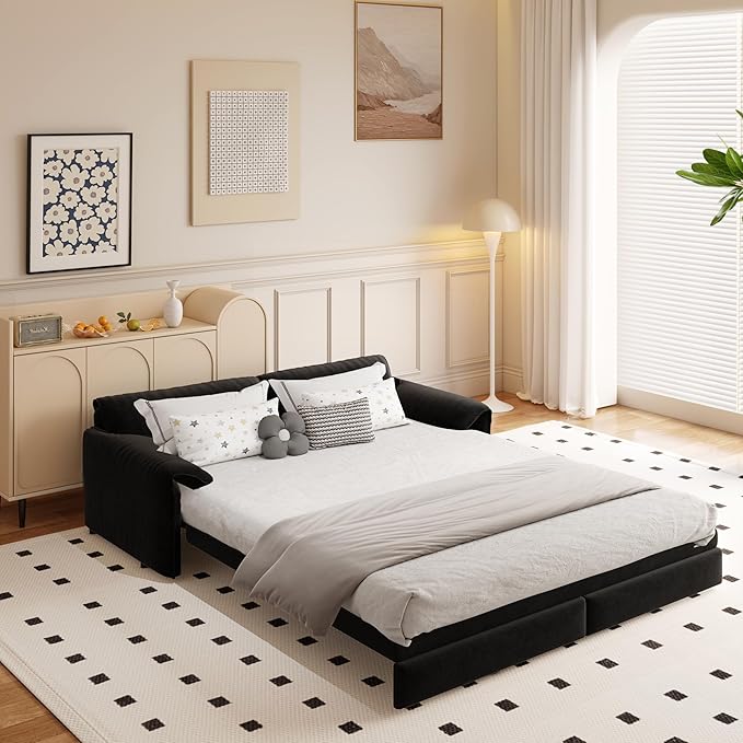 Cilee 66 Folding Sofa Bed 3-in-1 Convertible Loveseat Sleeper Sofa Pull Out Futon Sofa Bed Comfy Floor Couch with Storage Pocket Love Seats Furniture for Living Room Velvet Black