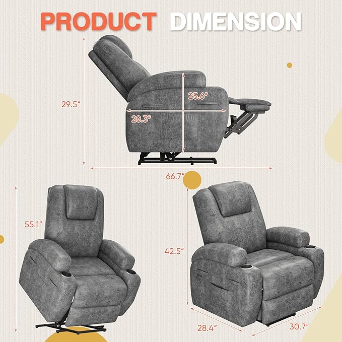 Electric Power Lift Recliner Chair with Massage for Elderly Corduroy Fabric Recliner Single Sofa with Cup Holders Side Pockets and Remote Control for Living Room Bedroom (Leathaire Light Gray)