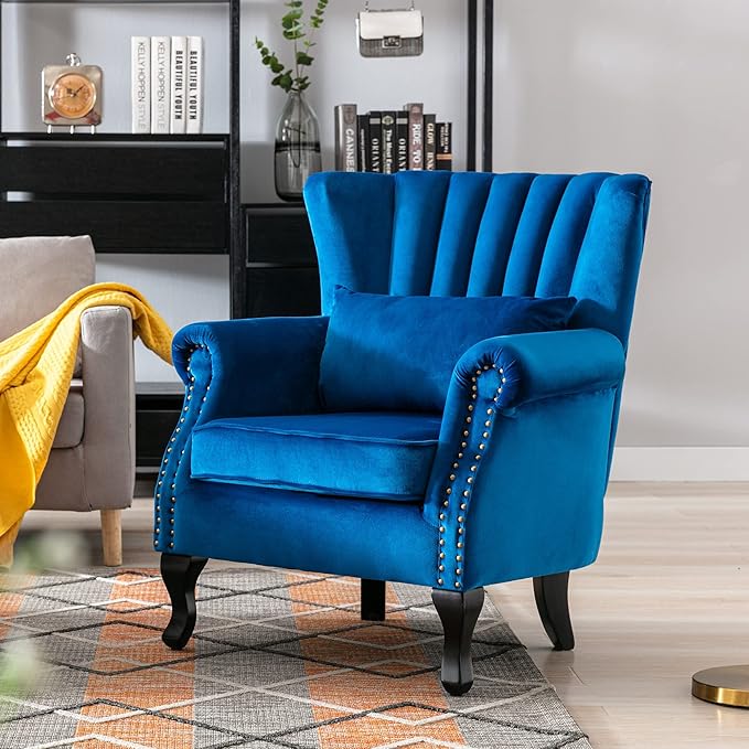 Accent Chairs Set of 2 with Arm Comfy Living Room Chair Mid-Century Modern Wingback Side Chair Velvet Single Sofa Couch for Bedroom Guest Room Blue
