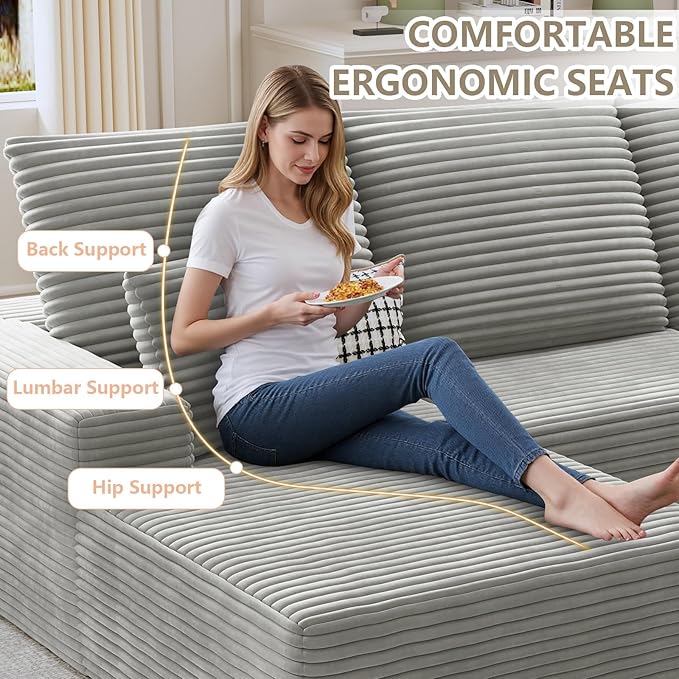 107 Cloud Sectional Couch with U-Shaped Chaise Corduroy Sectional Sofa with Ottoman Boneless Couch with Deep Seat in a Box for Living Room No Assembly Required (Grey Left Facing Chaise)