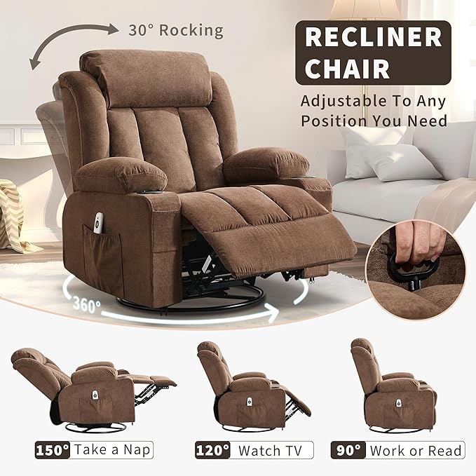 Oversized Swivel Rocker Recliner Chair with Heat &amp Massage 3-Position Adjustable Nursery Recliner for Adults Dual Cup Holders Side Pockets USB Charging Ports Brown