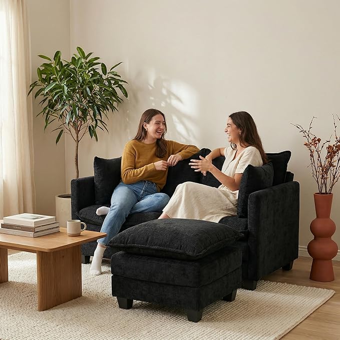 KYJ 50 Loveseat Sofa Couch with Ottoman 2 Seater Couch Small Compact Chenille Cloud Sofa 27 Deep Seat with Detachable Pillow Cover for Bedroom Living Room Dorm Apartment Small Spaces 2-Black-L