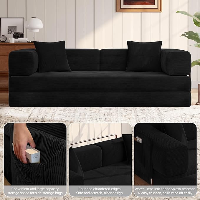MoonSpeak 78.8''Sleeper Couch Bed for LivingroomConvertible Modular Sofa with Armrest PillowModular Foldable Corduroy Couches in a BoxNo Assembly (Black)