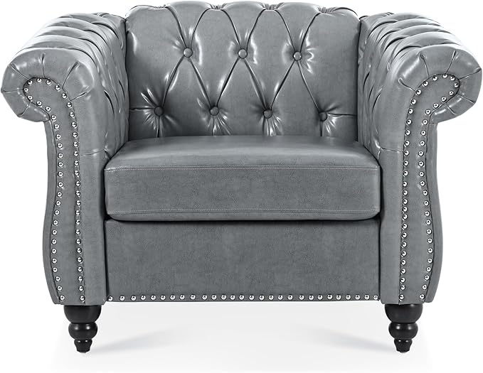 Leather Chair Living Room Single Sofa Medieval Retro Tufted Cushion Accent Sofa Chair with Rolled Arms and Nailhead Cigar Chair for Bedroom Office Apartment Club Chairs (Grey)