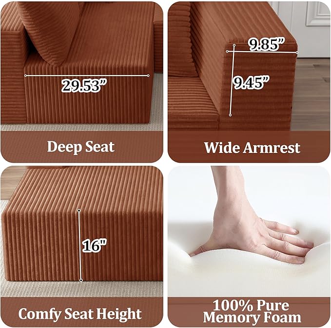 108 Modular Sectional Sofa L-Shaped Cloud Couch with Deep Seats &amp Chaise Convertible 4-in-1 Corduroy Boneless Couches for Living Room Bedroom No Need Assembly - Brown