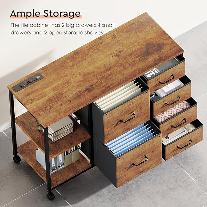 6 Drawer File Cabinet with Charging Station Rolling Printer Stand with Open Storage Shelf Fabric Lateral Filing Cabinet for Home OfficeRustic Brown2
