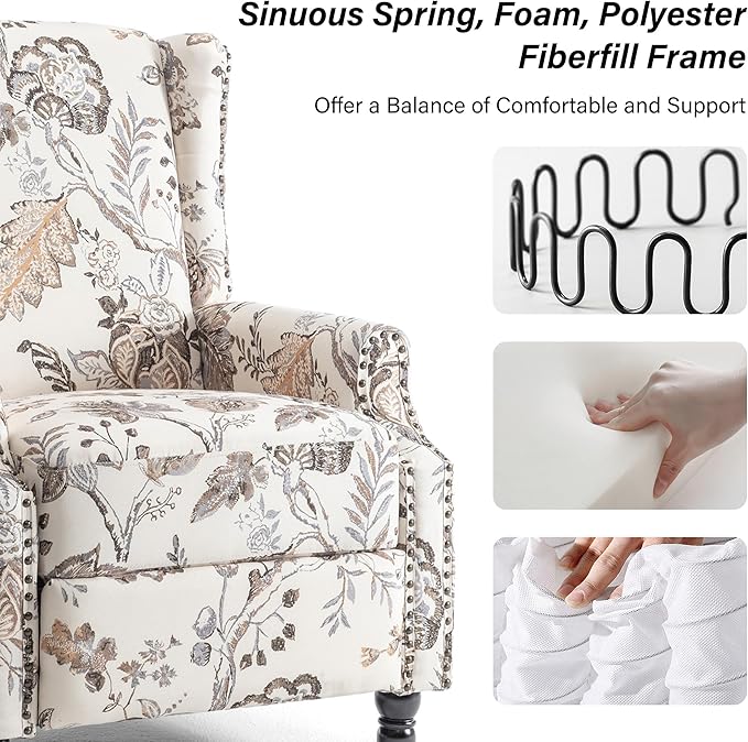 Recliner Chair Upholstered Wingback Floral Pushback Armchair with Adjustable Backrest &amp Footrest Comfy Accent Chair for Small Spaces Living Room Bedroom (Plants Beige Set of 1)