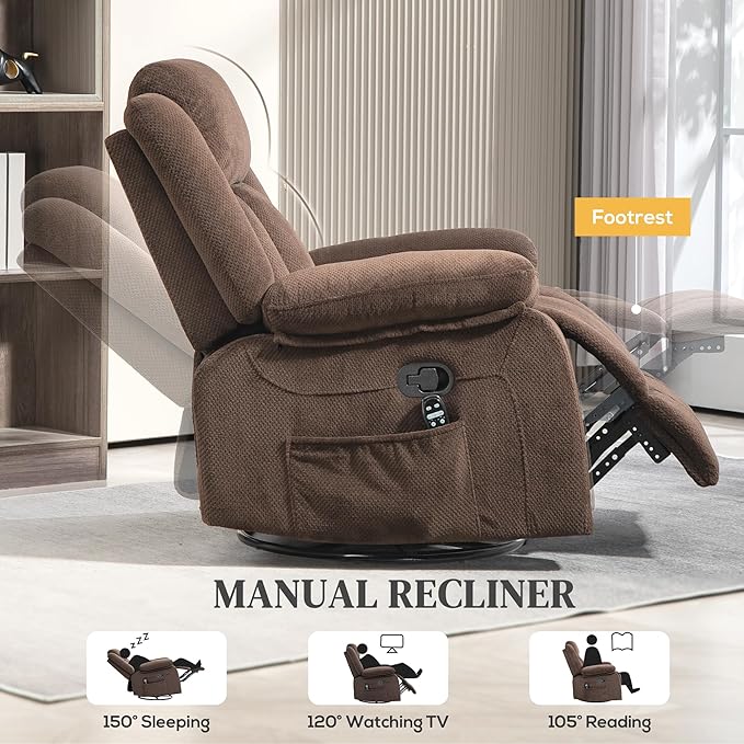 HOMCOM Swivel Rocker Recliner Chair with Vibration Massage and Heat Oversized Velvet Manual Glider Recliner Rocking Chair with Footrest Remote Side Pockets for Living Room Brown