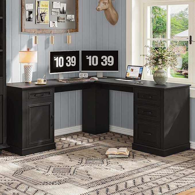 Vabches Farmhouse 59 L-Shaped Executive Desk with Drawers Wood Home Office Corner Desk with Charging Station File Drawer Storage Cabinet Rustic Computer Writing Desk for Home Office(Black