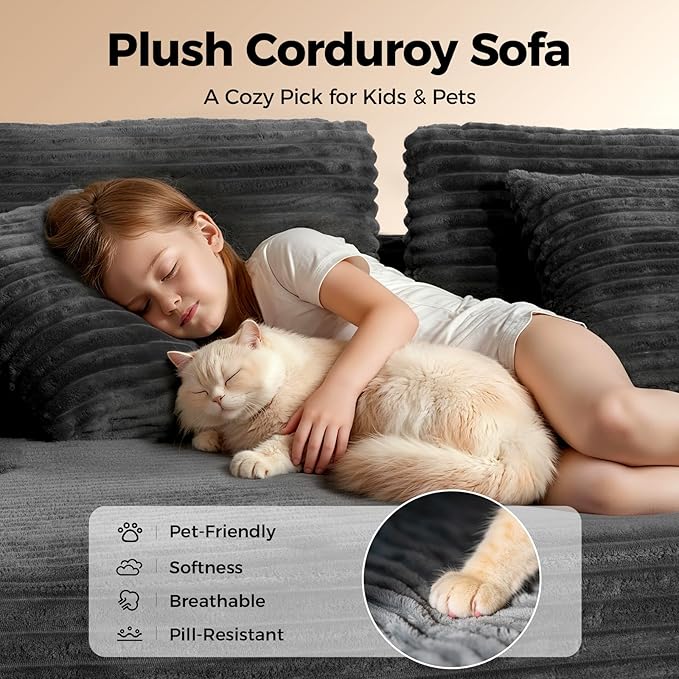108” Cloud Sectional Couch Modern Modular Sectional Sofa with Deep Seat Corduroy Boneless Couches with Chaise L-Shaped Sofa for Living Room 4 Storage Pockets (Right Facing Chaise Grey)