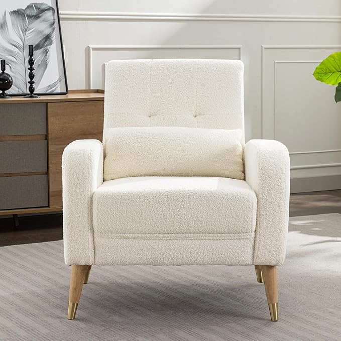 Dolonm Mid-Century Modern Accent Chair Upholstered Armchair Living Room Chair Comfy Single Sofa Chair with Sturdy Legs for Living Room Bedroom White