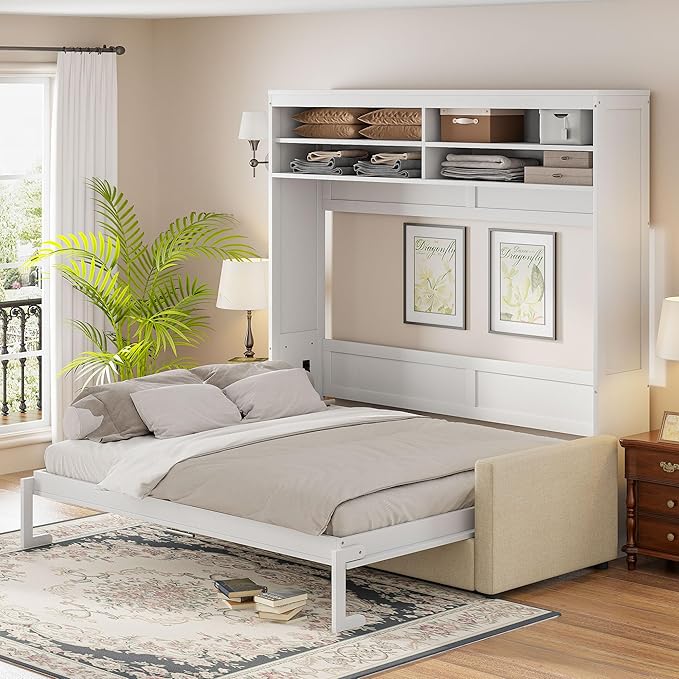Linique Queen Size Murphy Bed with Sofa and Top Shelf Horizontal Wall Bed Versatile Convertible Wooden Bed Frame White 93.3x86.2