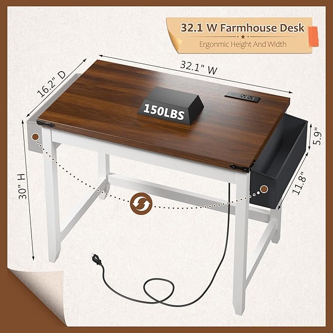 EnHomee 32 Inch Small Desk with Storage Bag Detachable Gaming Desk with Power Outlet Modern Simple Home Office Desk and Writing Desk for Small Spaces Study Desk for Bedroom Brown &amp White