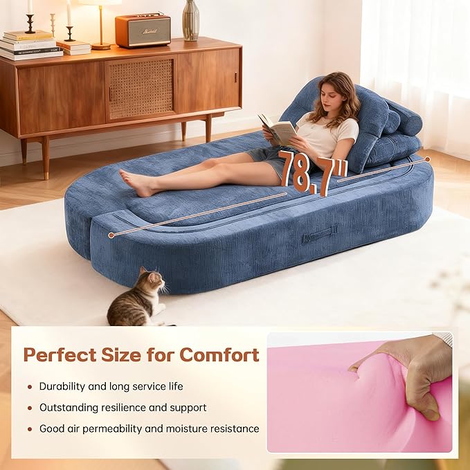 Modern Floor Sofa with 2 PillowsConvertible Chenille Foam-Filled Sleeper Sofa Bed no Assembly RequiredConvertible Sofa Couch BedFolding Mattress for Living Room (Chenille Dark Blue)